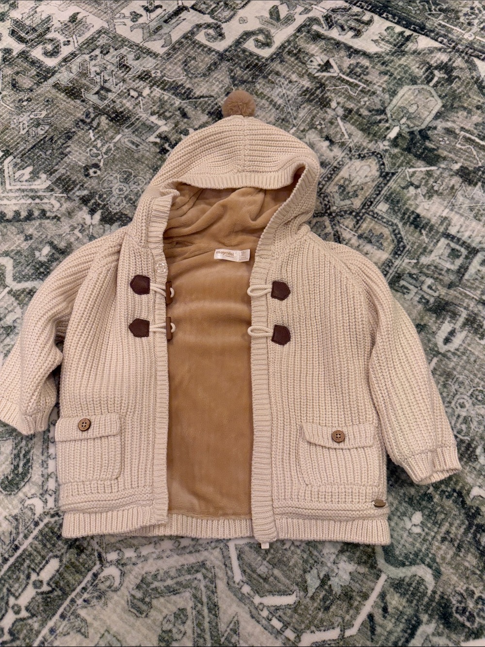Mayoral Kids Cream Knit Hooded Jacket with Tan Lining